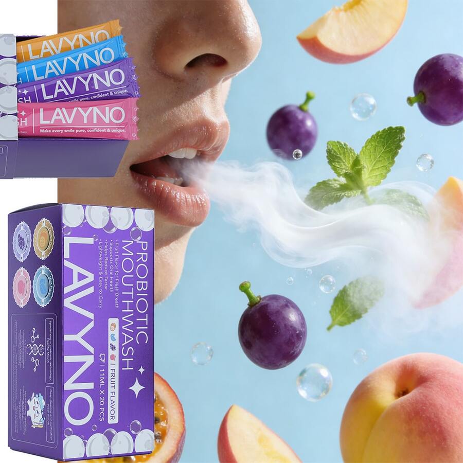 Lavyno Probiotic Mouthwash Sticks | Alcohol-Free Fresh Breath . 20 On-The-Go Packs . Fruit Flavors . Gentle Oral Care With Probiotics & Plant Extracts Fresh Breath Oral Care - 薄荷 桃子 葡萄 百香果 - 查看 1