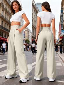 Women's High Waist Solid Color Loose Wide Leg Yoga Pants With Side Pockets, Casual Joggers For Daily Wear, Autumn, Fashionable Solid Color Loose Wide Leg Pants, Elegant & Minimalist - Light Grey - View 6