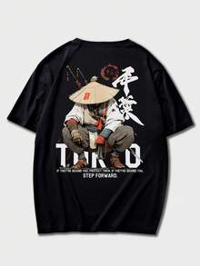 Men's Fashionable Minimalist Figure Print Short Sleeve T-Shirt | All-Match Street Casual Pullover Top - Black - View 4