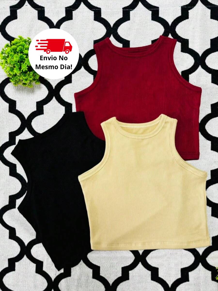 3 Piece Kit Basic Ribbed Cropped Tank Top New Release - 紫紅色 - 查看 1