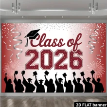 2D Flat, 1pc 2026 Graduation Banner, Red & Gold Party Decor With Confetti, Balloons And "Congrats Graduates" Text, Suitable For Photo Booth Backdrop, Multipurpose Decoration, Holiday Gift, Polyester Material, No Power Required - Multicolor - View 4