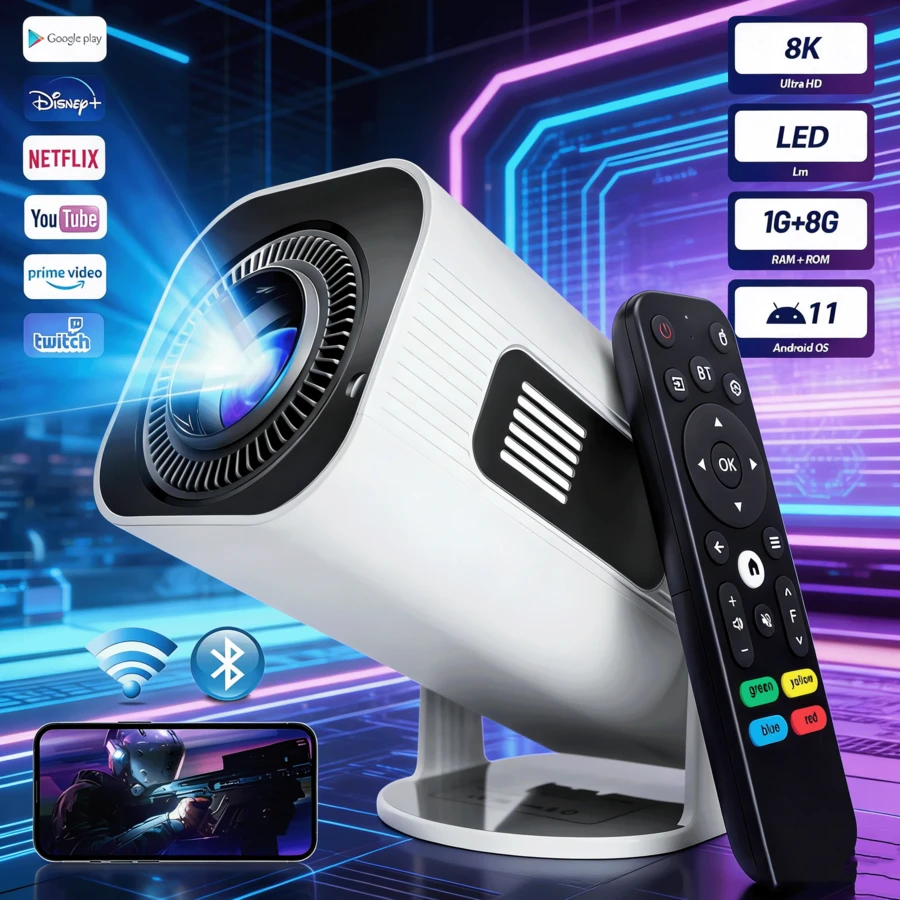 IDEVORA HP330 Portable 8K Projector Android 11 1G+8G Mini Projector 8K Full HD Professional LED Projector For Mobile Phones WiFi6 Smart Projector BT5.1 USB Native 8K Decoding Stereo Speakers - 白色 - 查看 1