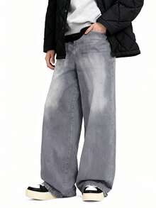1 pieza Jeans holgados de hombre con lavado vintage (Cinturón y accesorios no incluidos) - Gris - Ver 5