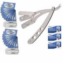 1 Shaving Set (1 Razor + 20 Blades) Premium Foldable Razor - Barbershop Quality Straight Edge Razor For Men's Facial Care, Manual Shaving, Beard Trimming And Hairdressing - Stainless Steel, Ergonomic Design, Portable And Space Saving, Specifications: 1 Shaving Set (1 Razor + 20 Blades),1 Shaving Set (1 Razor + 10 Blades),1 Shaving Set (1 Razor + 30 Blades) - Silver - View 11