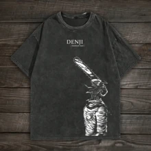 100% Cotton, Chain Saw Anime Vintage Washed T-Shirt Character Pattern, Chain   Saw Man Hot Selling Items, Street Style, Men, Women, Great Gift For Friends And Family - 黑色 - 查看 1