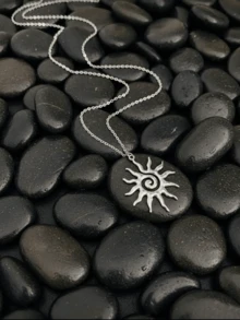 1件银色不锈钢不褪色夸张太阳吊坠长项链，时尚百搭，适合日常佩戴、海滩度假、旅行 - 銀色 - 查看 4