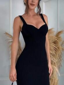 Women's Retro Midi Dress, Elegant Modern Modal Knit - 黑色的 - 查看 2