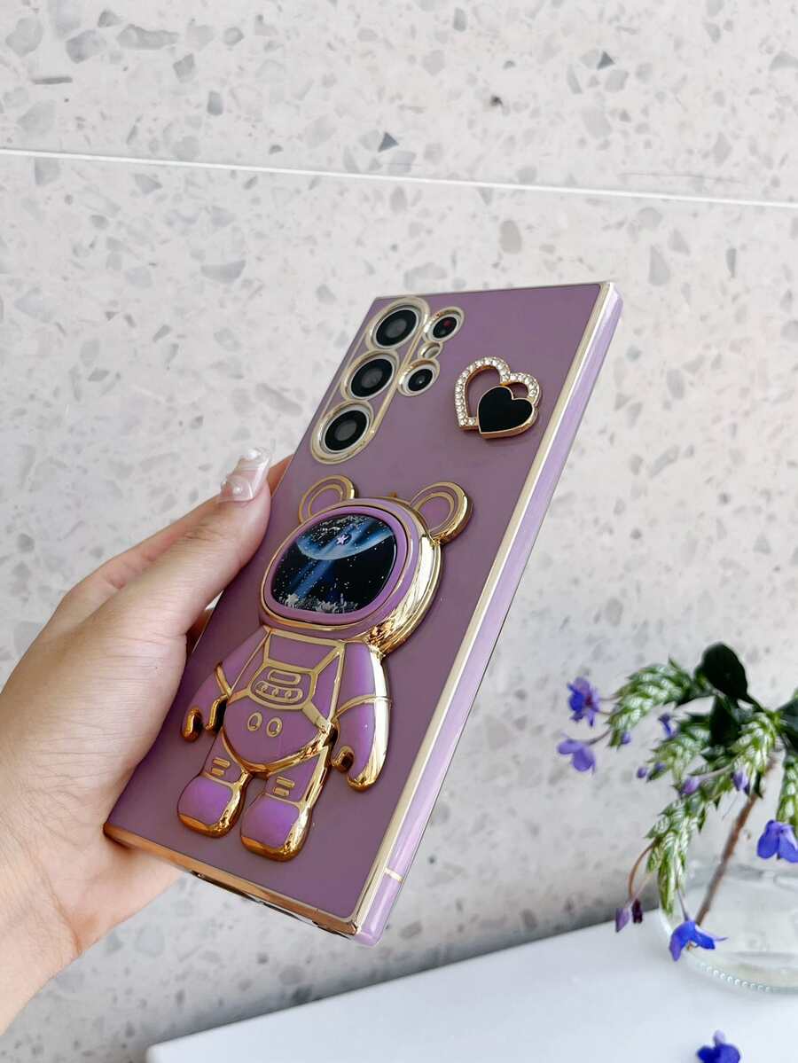 宇航员系列心形粉饼盒，电镀防摔手机壳带隐藏式支架，适用于 11/12/13/14/15/16 Pro Max、S22/23/24+、A012345/654321、MOTO等型号 - 紫色 - 查看 1