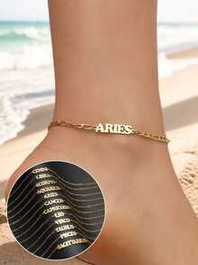 1件装时尚性感十二星座不锈钢脚链，女士沙滩脚饰 - 金黃色 - 查看 1