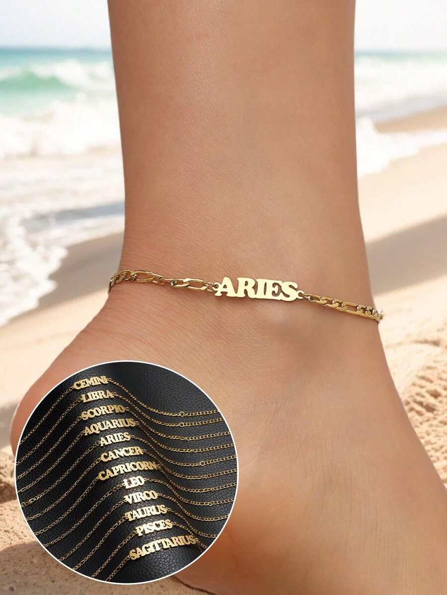 1件装时尚性感十二星座不锈钢脚链，女士沙滩脚饰 - 金黃色 - 查看 1