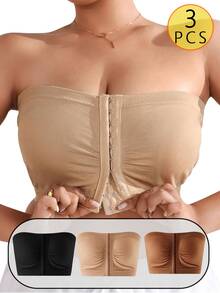 3PCS Plus Size Women's Strapless Bandeau Bra – Seamless Invisible Push-Up, Front-Closure Wireless Comfort, Back Mesh For Slimming & Support – 3-Row Hook, Ultra-Stretchy Off-Shoulder Solid Color Underwear - Nhiều màu - Xem 2