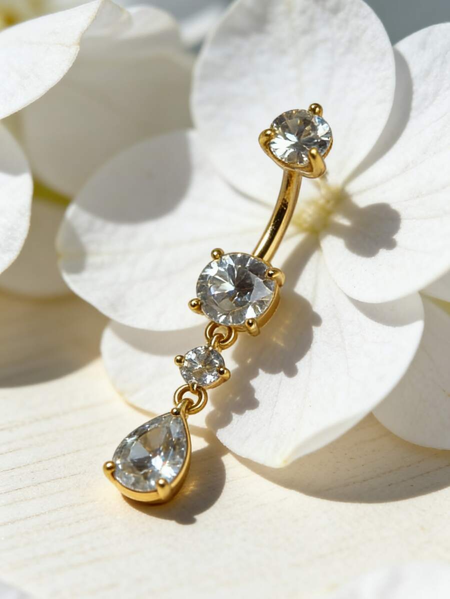 1件装不锈钢水滴形三段式锆石肚脐环，性感女士穿刺饰品 - 水滴 - 查看 1