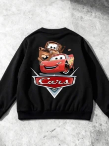 Disney Cars Double-Sided Pattern Print, Autumn And Winter Children's Round-Neck Sports Hoodie, Suitable For Boys' Daily Play Wear, Long-Sleeved Top, Perfect For Holiday Parties, Outdoor Activities And Travel - 黑色 - 查看 2