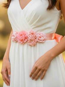 1pc Rose Flower Pearl Bridal Sash, Bridesmaid Maternity Flower Belt For Party, Photo Shoot, Handmade 3D Flower Bride Waist Belt - Beige - View 1