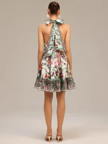 Sexy Backless Short A-Line Dress, Women's Printed Dress, Bohemian Style Suitable For Vacation Travel Elegant Party Summer - Multicolor - View 2