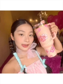 Stanley40OzH2.0 Tumbler With Handle, Double Walled Vacuum Insulated Stainless Steel Water Bottle Premium Summer Drinkware Portable Handy Flask Travel Mug Iced Coffee Cup For Outdoor Camping, Hiking, Driving, Travel, Perfect Gift Idea - Pink Flower - View 4