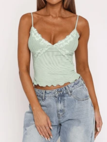 Women's Mesh Lace Cami Top Y2K Spaghetti Strap Low Cut V Neck Backless Vest Top - màu xanh lá - Xem 5