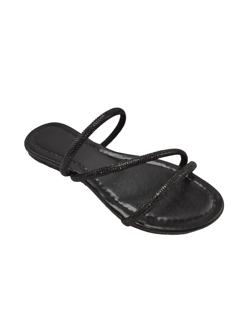 Women's Flat Sandal For Everyday Use With Rhinestone Straps - Comfortable - Black 2 Z - View 1