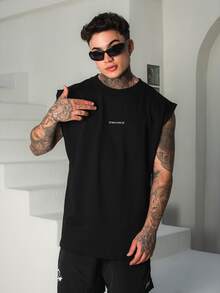 DMUNIZ Oversized Tank Top, Crew Neck, Streetwear, Printed Chest, 100% Cotton, New Release - 黑色 - 查看 2