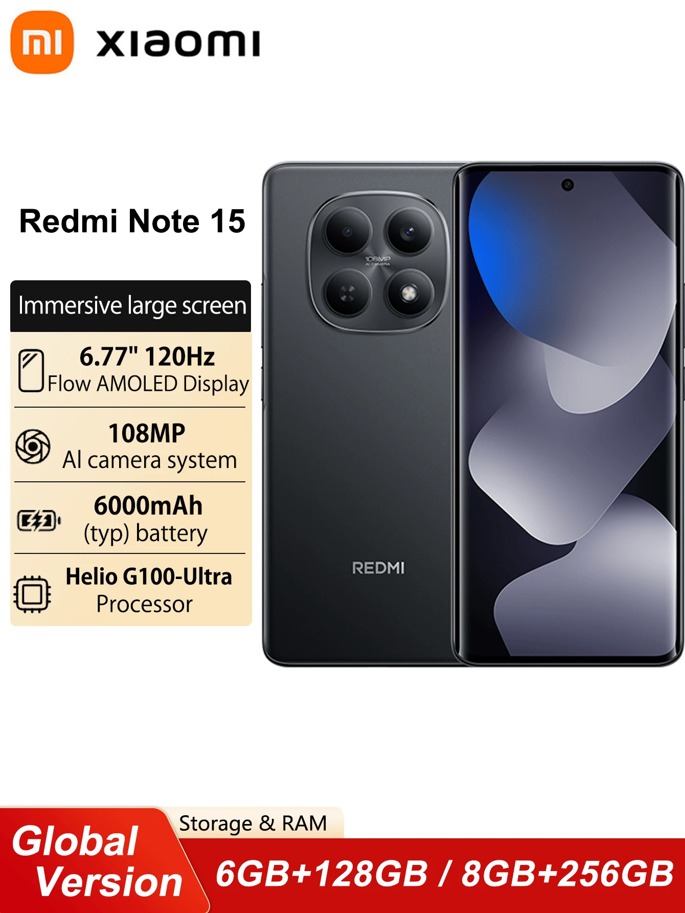 Xiaomi 小米 Redmi Note 15 全球版智能手机，6.77 英寸 FHD+ AMOLED 显示屏，108MP 清晰摄像头，联发科 Helio G100 处理器，6000mAh 大容量电池，支持 18W 反向充电 - 黑色 - 查看 1
