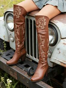 Fashion Cowgirl Outfits For Women Boots Knee High Pointed Toe Chunky Heel Combat Boots Retro Luxury Embroidery Country Concert Jaripeo Festival Shoes - 棕色 - 查看 3