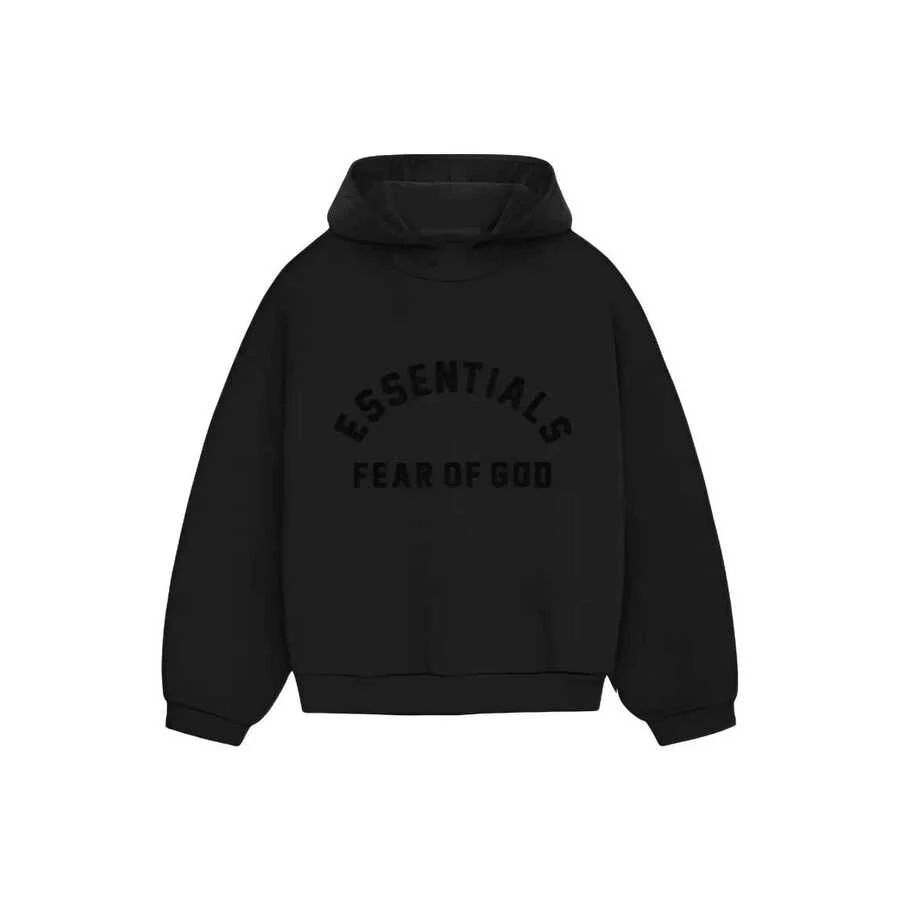 Fear Of God Essentials SS24 Drop2 Nylon Fleece Hoodie, Letter Print Hooded Fleece Pullover, American Heavyweight Sweatshirt, Jet Black. - Dark Blue-black - View 1