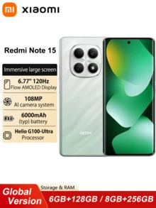 Xiaomi 小米 Redmi Note 15 全球版智能手机，6.77 英寸 FHD+ AMOLED 显示屏，108MP 清晰摄像头，联发科 Helio G100 处理器，6000mAh 大容量电池，支持 18W 反向充电 - 綠色 - 查看 1