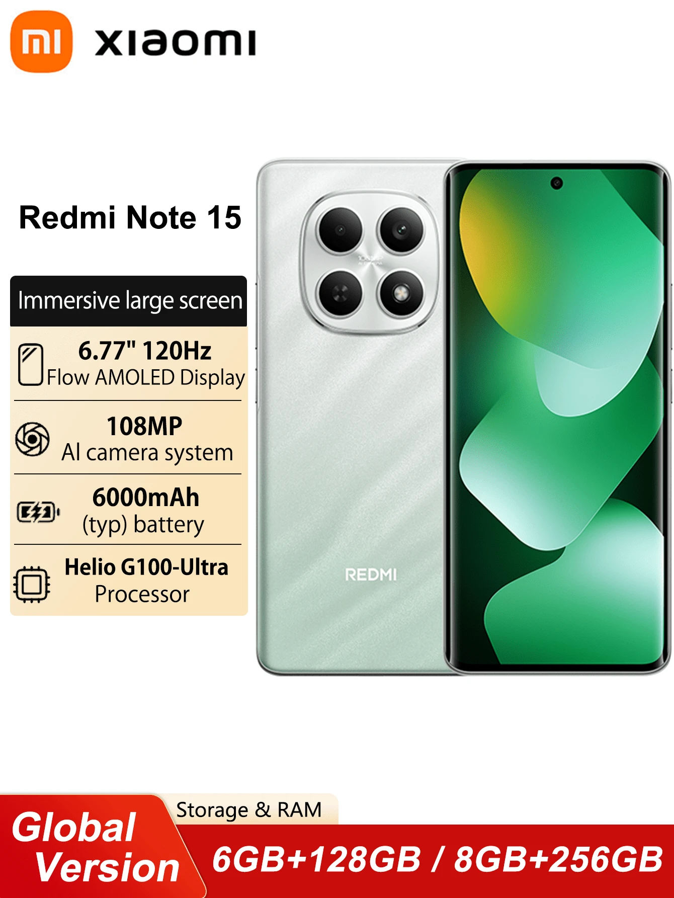 Xiaomi 小米 Redmi Note 15 全球版智能手机，6.77 英寸 FHD+ AMOLED 显示屏，108MP 清晰摄像头，联发科 Helio G100 处理器，6000mAh 大容量电池，支持 18W 反向充电 - 綠色 - 查看 1