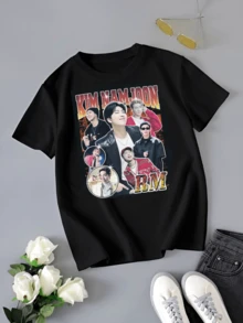 Kpop T-Shirt NAMJOON Retro Boyband Music Vintage Graphic Tee - Fan Fashion - Black - View 1