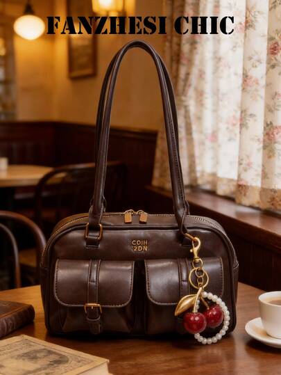 This Coffee Brown PU Women's Shoulder Bag Features A Bowling Bag Silhouette, Crafted From PU Material And Adorned With A Pearl Cherry Red Pendant And Letter Decoration. It Boasts Multiple Pockets And A Smooth, Multifunctional PU Surface Design, Exuding A Refined And Elegant Aesthetic. The Store's Product Line Includes Charms And Accessories.