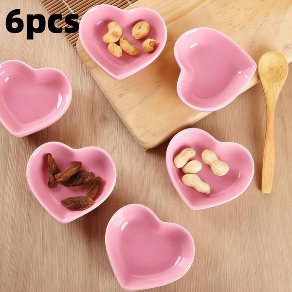 6 piezas de tazones con forma de corazón de cerámica/plástico, de colores aleatorios, tazones de porcelana modernos, platos para salsa, adecuados para bodas y fiestas de cumpleaños (1-5 mm de error de medición manual), suministros de cocina, regalo de Navidad, suministros de estudio