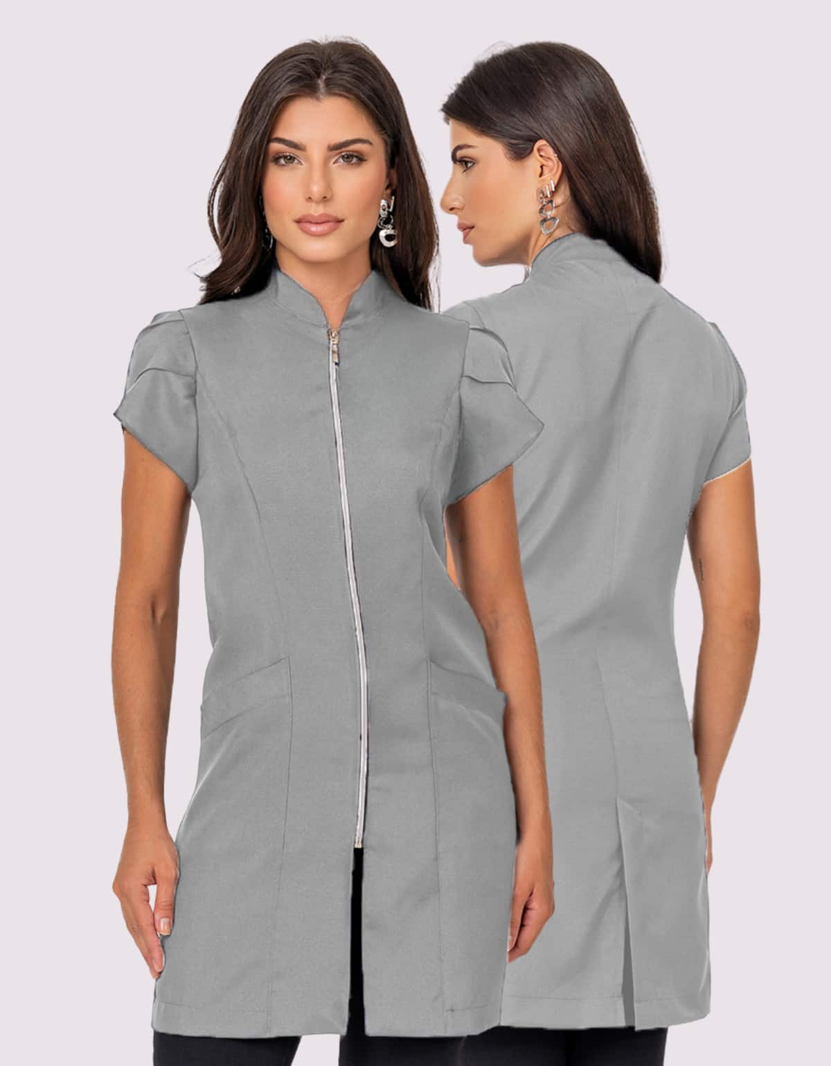 Women's Fitted Zipper Beautician Tulip Lab Coat - 淺灰色 - 查看 1