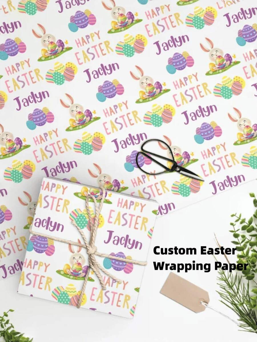 1pc Customized Easter Themed Wrapping Paper, Personalized Name Gift Packaging, Spring Holiday Design With Rabbit & Egg Patterns, Customizable Name Printing, Decorative Gift Wrapping Paper For Easter Celebration And Spring Holidays, Available In 2 Sizes, High-Quality Paper Suitable For Gift Boxes, Bags And Parcels - Easter Style 1 - View 1