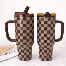 mikenda 1 Pc 40oz Checkered Stainless Steel Tumbler With Handle And Lid, INS Style Large Capacity Insulated Coffee Mug, Reusable Travel Cup For Home Office And On-The-Go - Multicolor - View 9