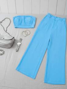Women's Set High Waisted Wide Leg Pants And Cropped Top In Duna - Màu xanh nhạt - Xem 8
