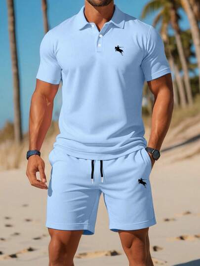 2pcs/Set Plus Size Men's Casual Polo Shirt With Collar & Drawstring Shorts Set, Fashion Exquisite Knight Horse Print Pattern, Suitable For Summer Daily Wear, Comfortable Breathable Sportswear