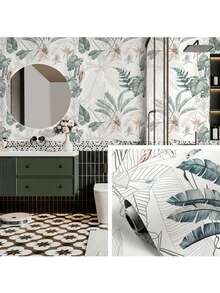 1卷绿色花卉图案自粘可移除壁纸，适用于卧室、客厅、厨房墙面、家居装饰、书桌、橱柜、家具翻新，DIY可撕贴，尺寸：45厘米 x 100厘米/300厘米/500厘米 - 綠色 - 查看 2