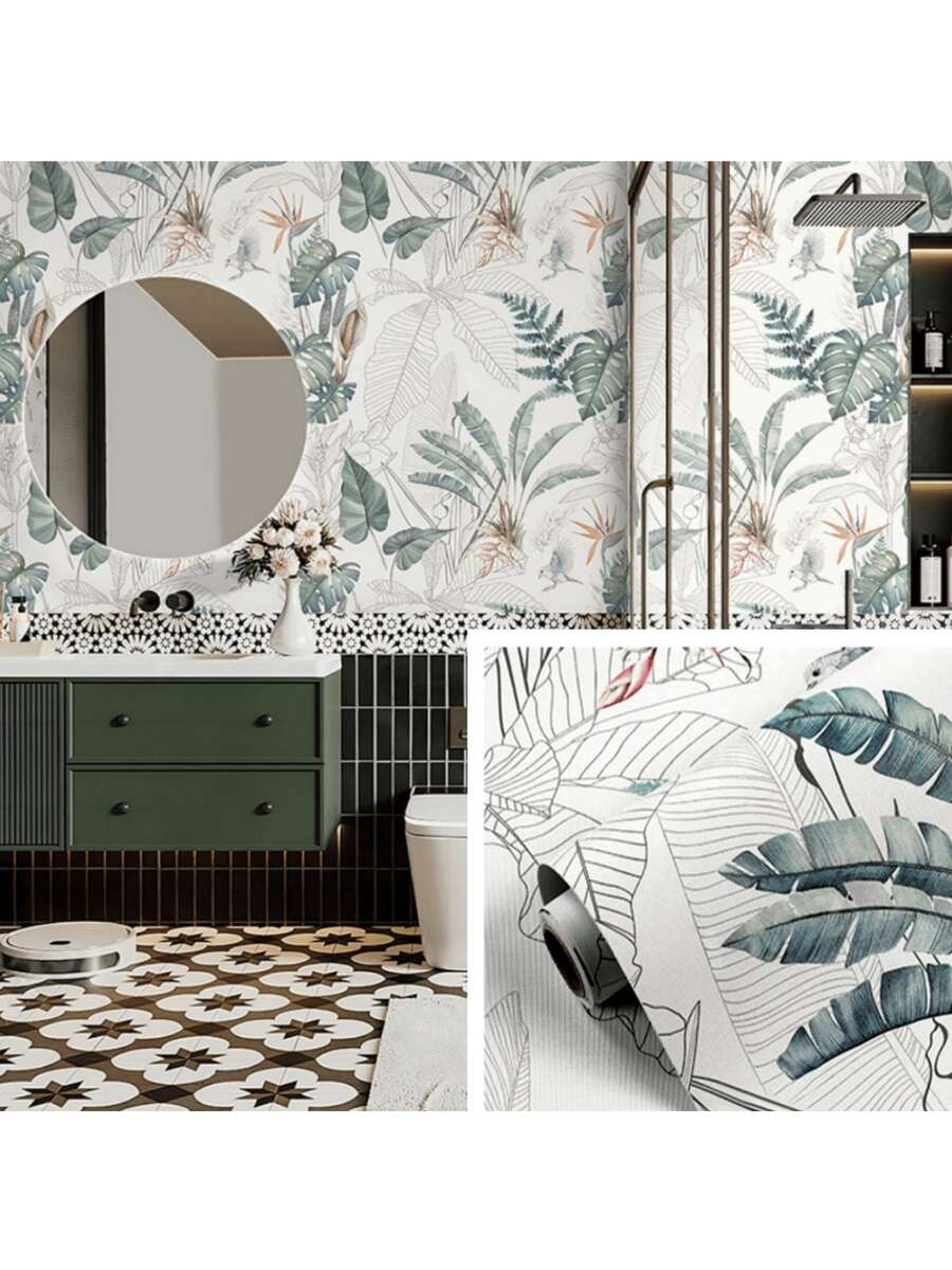 1卷绿色花卉图案自粘可移除壁纸，适用于卧室、客厅、厨房墙面、家居装饰、书桌、橱柜、家具翻新，DIY可撕贴，尺寸：45厘米 x 100厘米/300厘米/500厘米