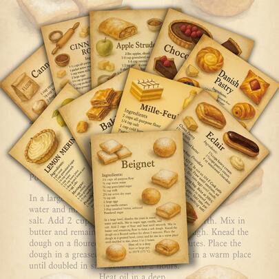 20-Pack Vintage Recipes Postcards Booklet-Style - 4x6 Inch Retro French Pastry Cookbook With Macaron, Croissant & Madeleine Guides, Collectible Kitchen Decor, Scrapbooking Cards For Bakers & Historians