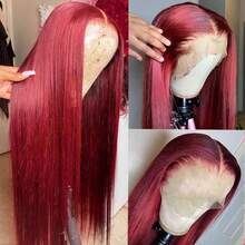 巴西长款酒红色 #99J 直发混纺真人发假发，200% 密度，13x6/13x4/5x5 蕾丝前假发，女士款，13x6/13x4/5x5 蕾丝前额闭合假发，预先拔毛，细小发结，自然发际线，带婴儿绒毛，8-34 英寸 - SBUG - 查看 8