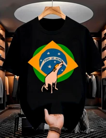 "Road To The Sixth Title" Brazil World Cup T-Shirt, Caramel Dog Design, Men's And Women's, 100% Cotton - màu đen - Xem 1