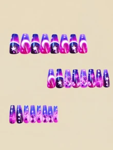 24pcs Purple Star & Moon Pattern False Nails, Fashionable Nail Art, Y2K Style Nail Stickers - 紫色 - 查看 2