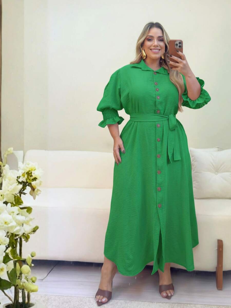 Women's Casual Plus Size Elegant Conservative/Modest Shirt Dress With Buttons Down The Front, For Holidays - 綠色 - 查看 1