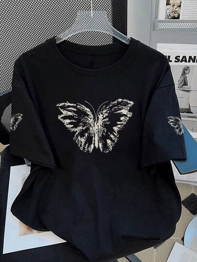 Plus Size Summer Women's Funny Print Hip-Hop "Butterfly" Personalized Street Style Printed Round Neck Pattern T-Shirt