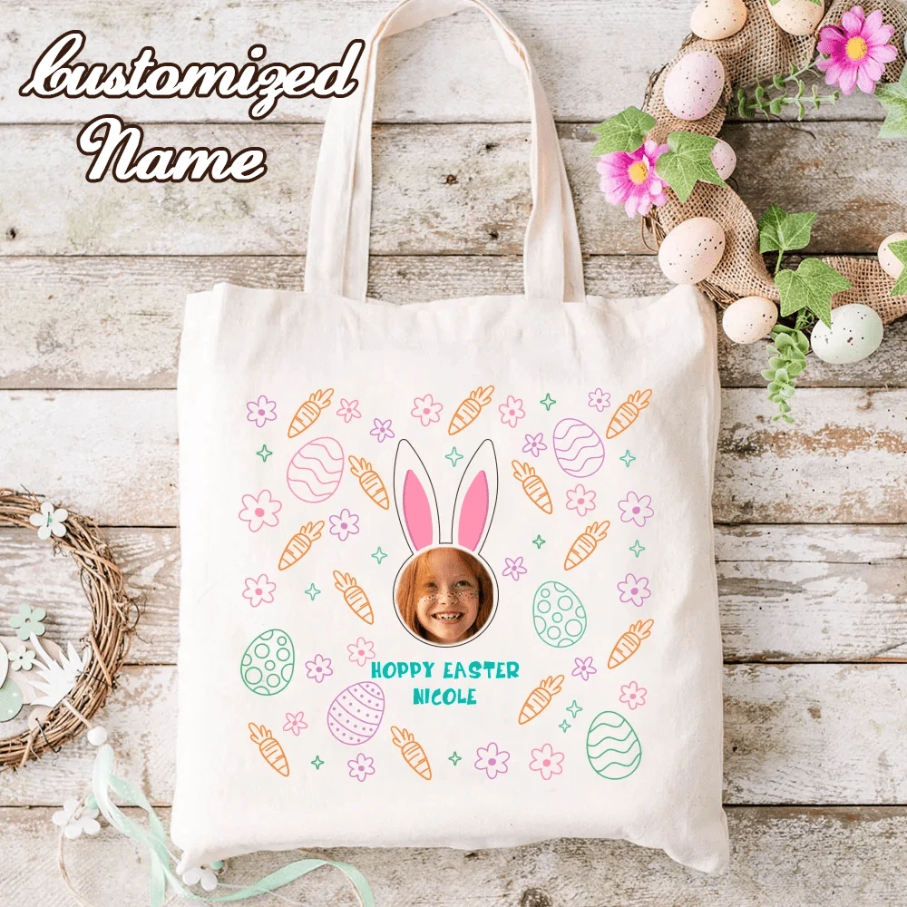 This Cute And Personalized Rabbit Pattern Canvas Tote Bag Can Be Printed With Names And Designs, Making It A Perfect Easter Or Birthday Gift For Family. - Multicolor - View 1