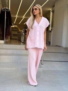 Women's Premium Knit 2-Piece Set With Front Buttons - Modern And Elegant - Màu Hồng baby - Xem 2