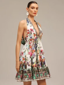 Sexy Backless Short A-Line Dress, Women's Printed Dress, Bohemian Style Suitable For Vacation Travel Elegant Party Summer - Multicolor - View 5