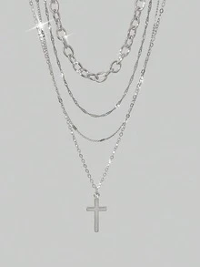 4pcs Minimalist Geometric Cross Pendant & Paper Clip Necklace Set - Suitable For Party And Daily Wear - Silver - View 1