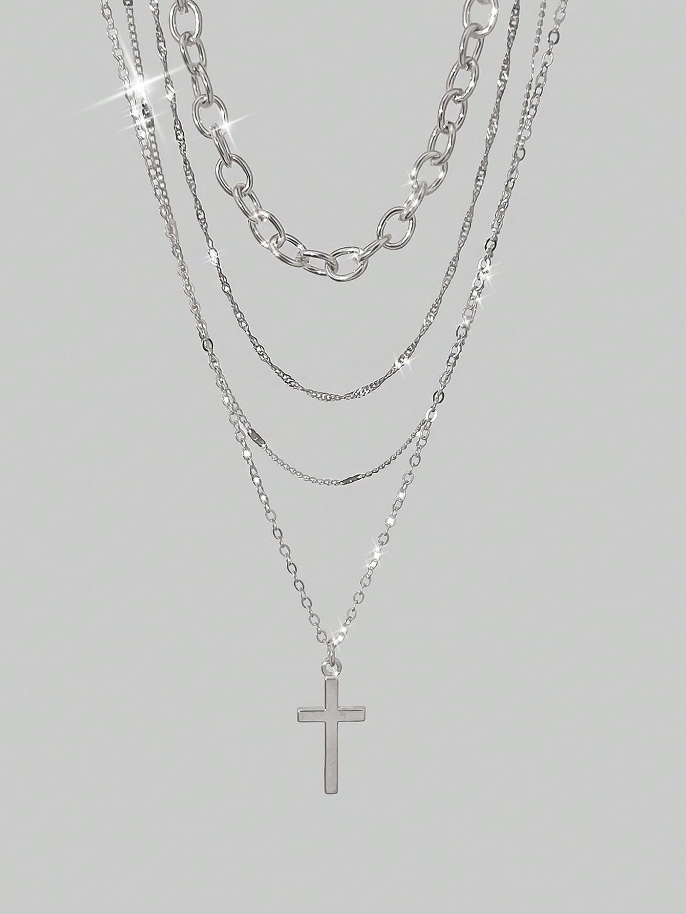 4pcs Minimalist Geometric Cross Pendant & Paper Clip Necklace Set - Suitable For Party And Daily Wear - Silver - View 1