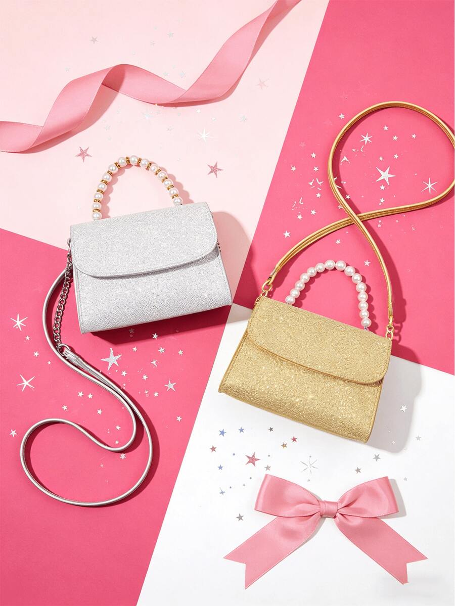 1 件女孩时尚甜美公主迷你双向手提包，配有链条肩带，适合日常使用、派对、旅行、生日礼物 - 銀色 - 查看 1